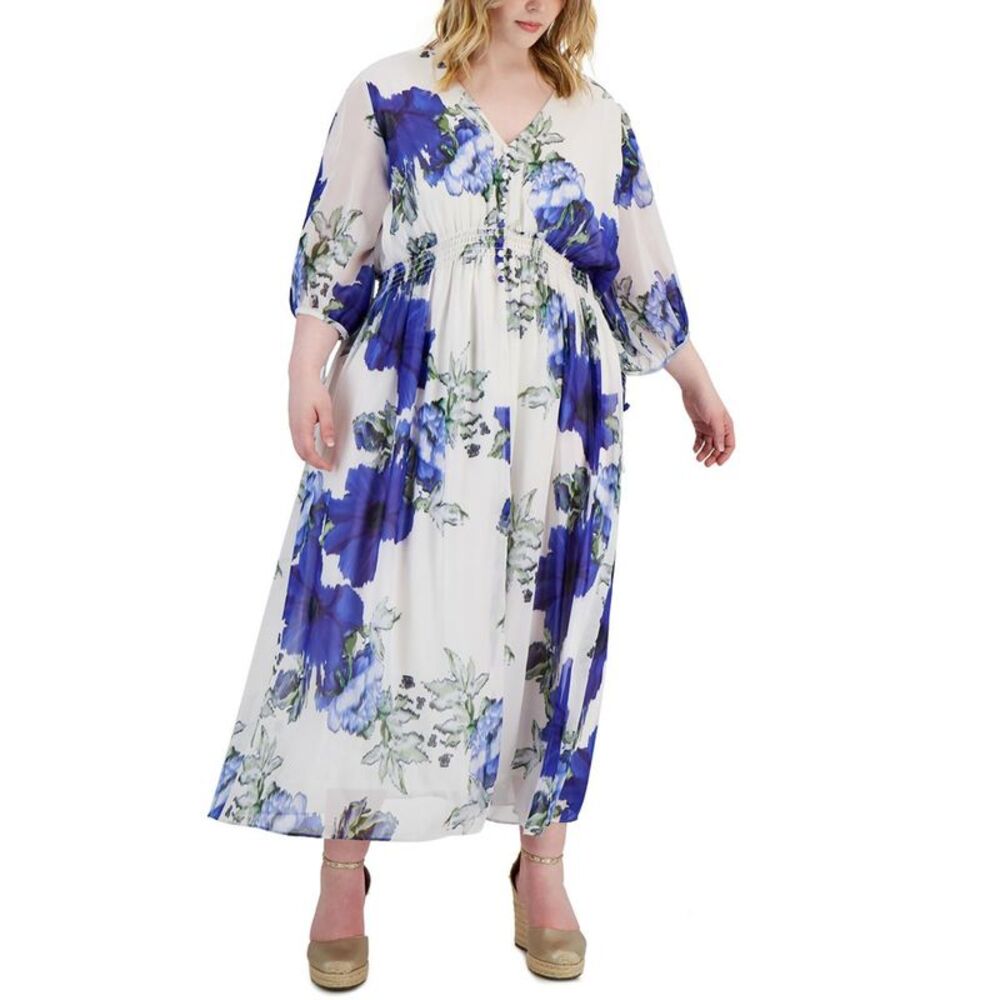 Taylor White Maxi Dress with Blue Floral Print